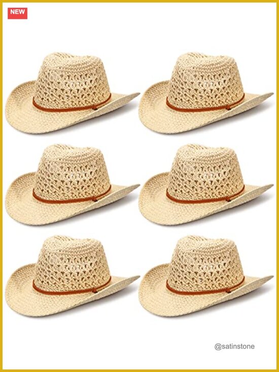 6 Pack Western Straw Cowboy Sun Hats with Chin Strap Wide Brim main image 6